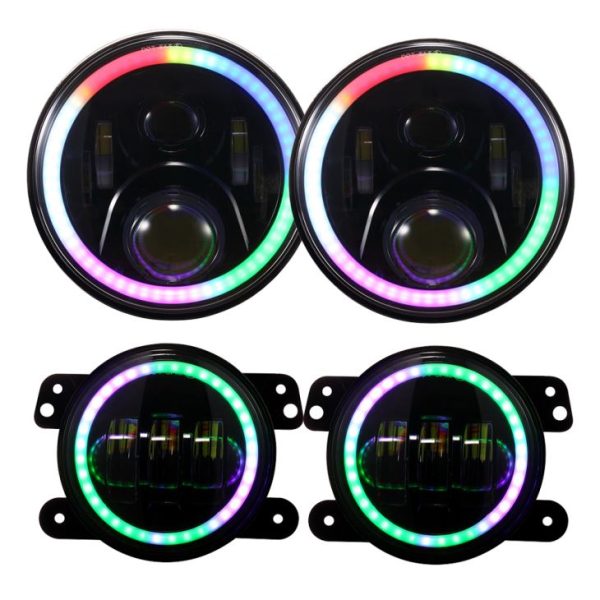 סט שלם 2 יחידות פנס LED RGB 7 אינץ 'ו 2 יחידות מנורת ערפל RGB 4 אינץ'